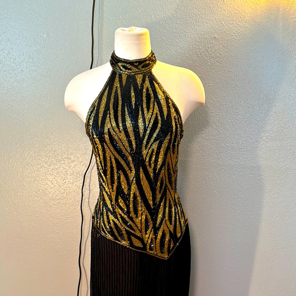 100% silk vintage fully beaded black and gold gown